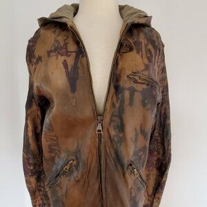John Varvatos biker bomber leather jacket 52 Med L black gray brown blue tiedyed